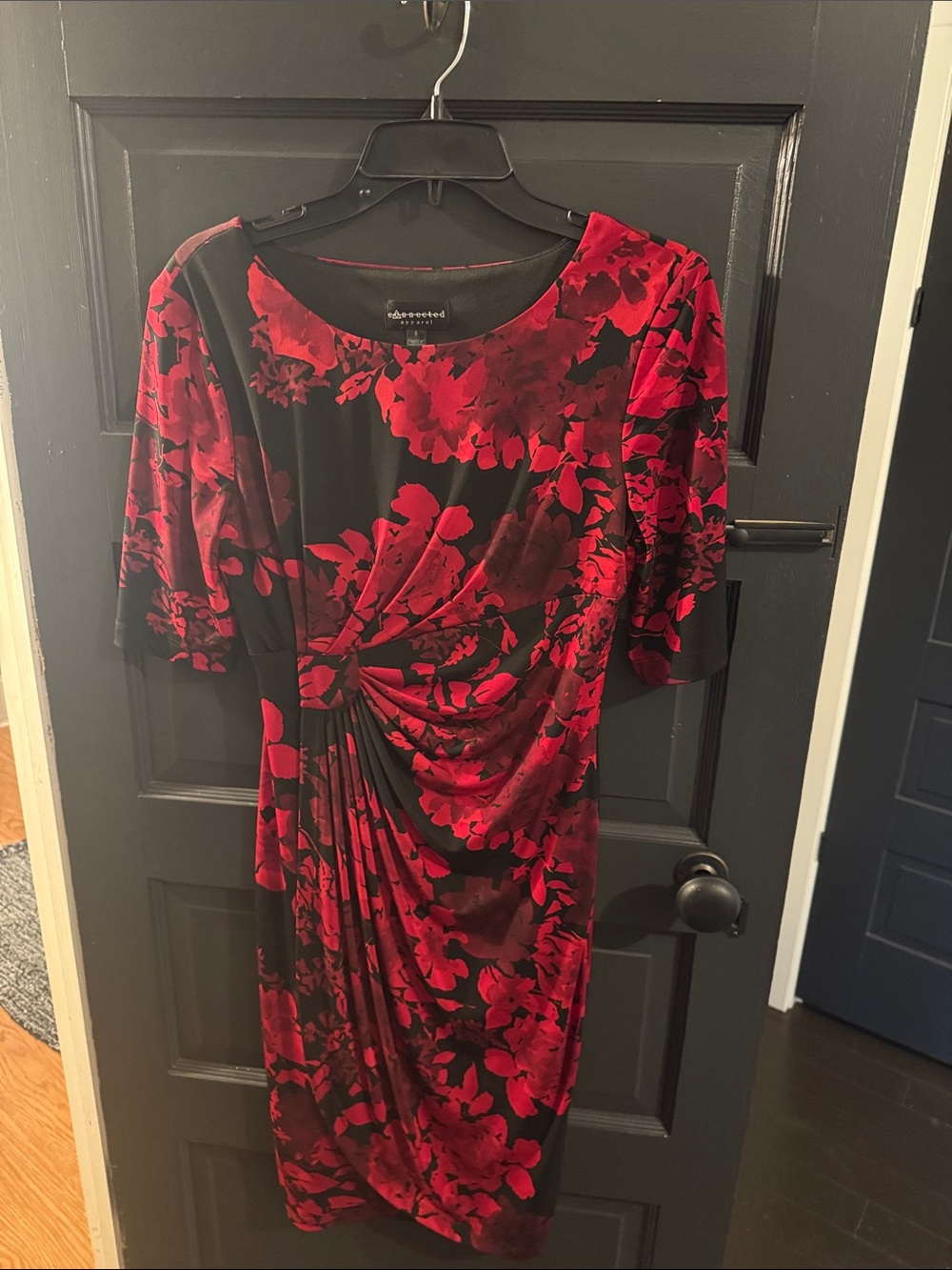 connected apparel Red and Black Floral Midi Dress with Ruched Detail